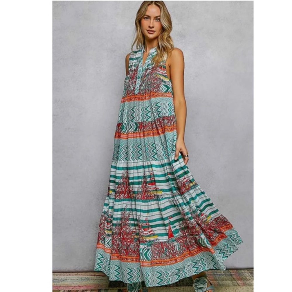 NEW POL Coral Reef Maxi Dress Sz Small Tall Teal Beachy Aztec Boho Resort
